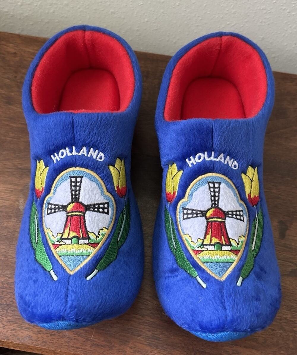 Holland Clogs US Size 7-9 Dutch Embroidered Indoor Slippers Slip On Blue Red